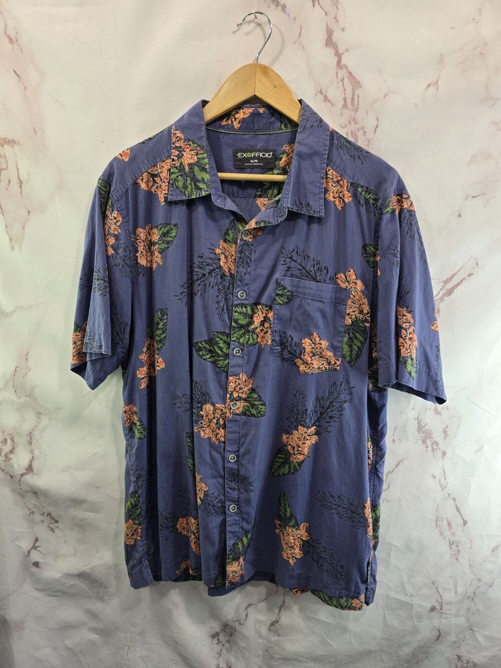 Ex Officio Shirt Mens XL Purple Floral Short Button Camp Tropical Tencel